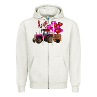 Oatmeal Heather Valentine's day pink tractor with pin heart balloons Zipper Hoodie - RanaPortraitStore