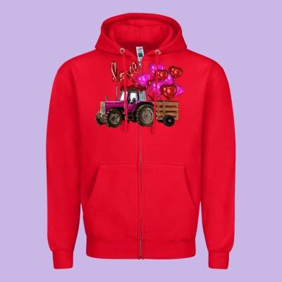 Zipper Hoodie Valentine's day pink tractor with pin heart balloons