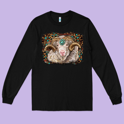 Merino Ram With Leopard Background Long Sleeve Tee Designed By Barkaloodesign