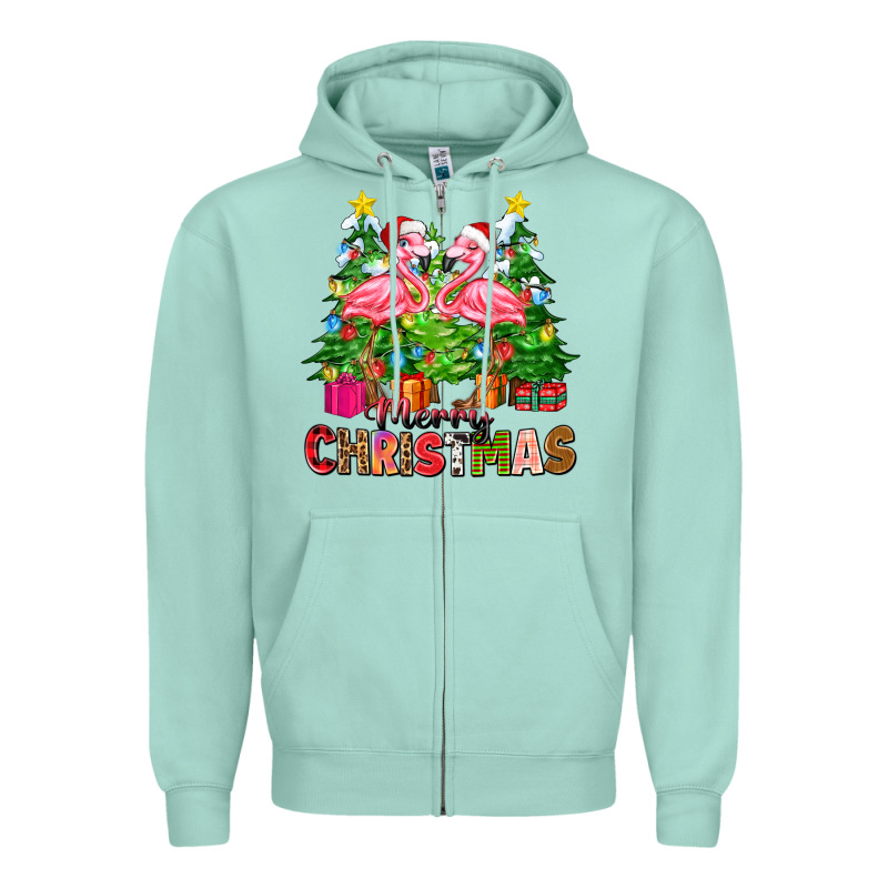 Merry Christmas Flamingo Zipper Hoodie by Zillion Design Studio | Teevron