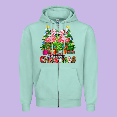 Merry Christmas Flamingo Zipper Hoodie Designed By Zillion Design Studio