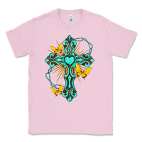 Bubblegum Pink cross with heart shaped gemstone and butterfly Classic Tee - texasbilliewilder