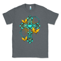 Charcoal Heather cross with heart shaped gemstone and butterfly Classic Tee - texasbilliewilder