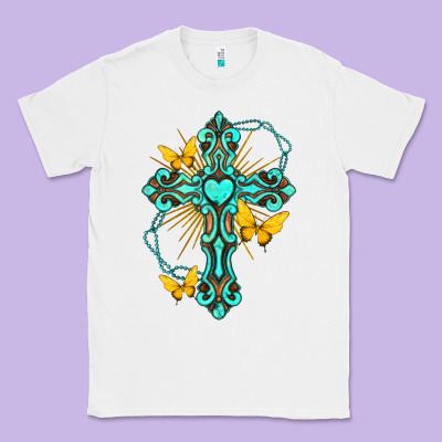 Classic Tee cross with heart shaped gemstone and butterfly