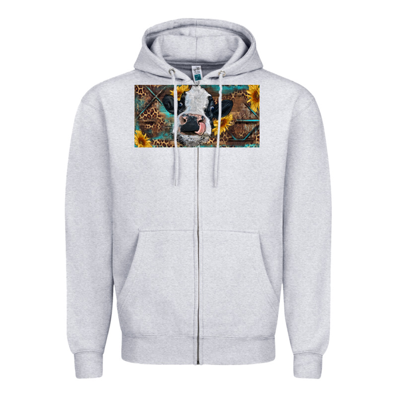 Baby Cow With Sunflower And Leopard Zipper Hoodie by RanaPortraitStore | Teevron