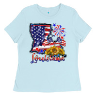 Baby Blue 4th of july  louisiana map Ladies Tee - BarkalooDesign