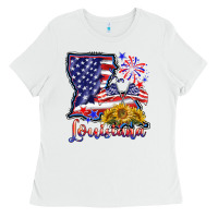 White 4th of july  louisiana map Ladies Tee - BarkalooDesign