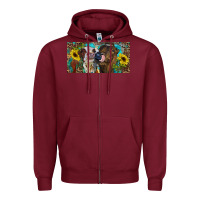 Burgundy Heifers With Sunflowers And Leopard Zipper Hoodie - RanaPortraitStore