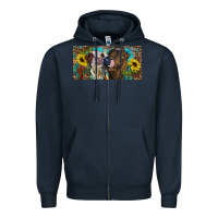 Navy Heifers With Sunflowers And Leopard Zipper Hoodie - RanaPortraitStore