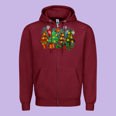 Christmas Trees With Basketball Zipper Hoodie Designed By Zillion Design Studio