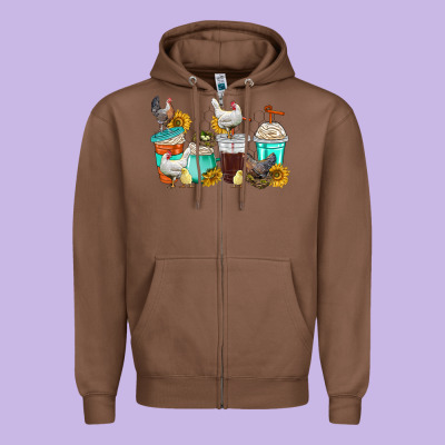 Chicken Coffee Cups Zipper Hoodie Designed By Texasbilliewilder