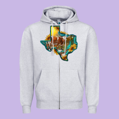 Zipper Hoodie Western Texas Map With Longhorn Bull