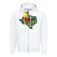 White Western Texas Map With Longhorn Bull Zipper Hoodie - RanaPortraitStore