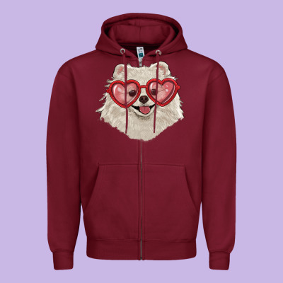 Zipper Hoodie white pomeranian with love glasses