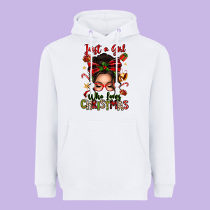 Just A Girl Who Loves Christmas Afro Messy Bun Heavyweight Hoodie Designed By Texasbilliewilder