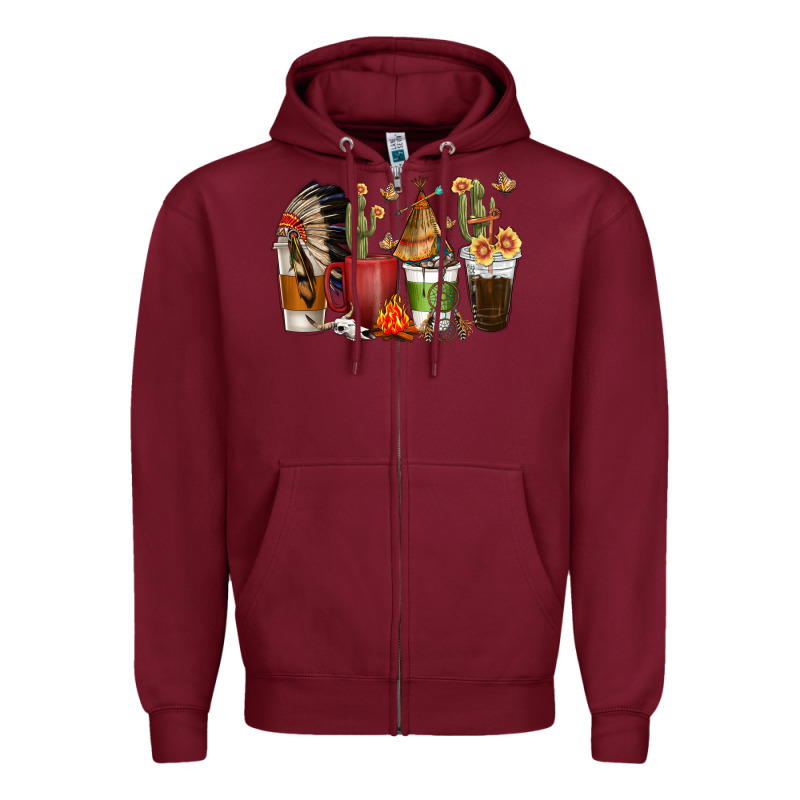 Coffee Cups Indian Headdress Zipper Hoodie by texasbilliewilder | Teevron