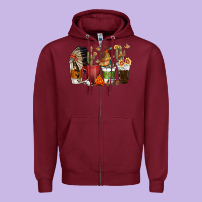 Coffee Cups Indian Headdress Zipper Hoodie Designed By Texasbilliewilder