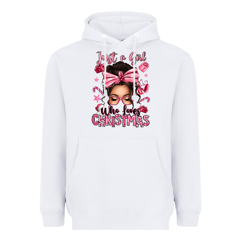 Just A Girl Who Loves Pink Christmas Messy Bun Heavyweight Hoodie by texasbilliewilder | Teevron