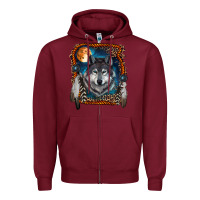 Burgundy Wolf And Feathers Zipper Hoodie - RanaPortraitStore