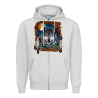 Dove Grey Wolf And Feathers Zipper Hoodie - RanaPortraitStore