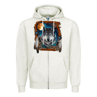 Oatmeal Heather Wolf And Feathers Zipper Hoodie - RanaPortraitStore