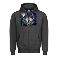 Charcoal Heather Wolf And Full Moon Zipper Hoodie - RanaPortraitStore