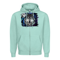 Seafoam Wolf And Full Moon Zipper Hoodie - RanaPortraitStore