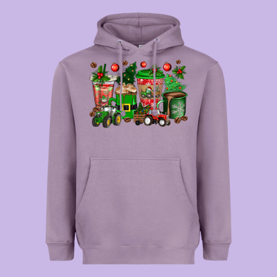 Christmas Tractor Coffee Cups Heavyweight Hoodie Designed By Texasbilliewilder