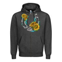 Charcoal Heather horseshoe cowhide and sunflowers Zipper Hoodie - texasbilliewilder