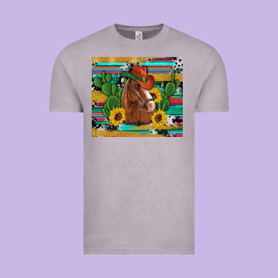 Western Horse Cowboy Hat Cactus Sunflowers Glitter Cowhide Serape Turq Vintage Tee Designed By Artiststas