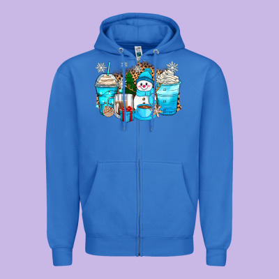 Winter Snowman Coffee Cups Zipper Hoodie Designed By Zillion Design Studio