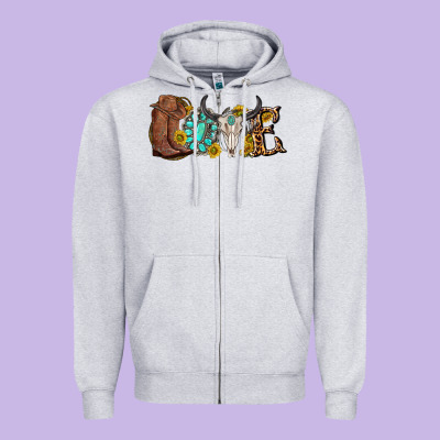 Western Love Bull Skull With Gemstone And Sunflowe Zipper Hoodie Designed By Texasbilliewilder