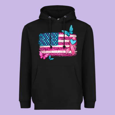 American Flag Breast Cancer With Ribbon Heavyweight Hoodie Designed By Texasbilliewilder