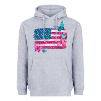 Heather Grey American flag breast cancer with ribbon Heavyweight Hoodie - texasbilliewilder