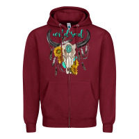 Burgundy wild soul boho bull skull Zipper Hoodie - texasbilliewilder