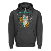 Charcoal Heather wild soul boho bull skull Zipper Hoodie - texasbilliewilder
