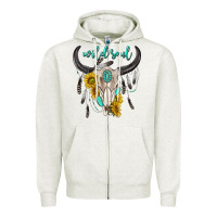 Oatmeal Heather wild soul boho bull skull Zipper Hoodie - texasbilliewilder