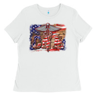 White patriotic nurse certified nurse  assistant medilcal symbol  background Ladies Tee - BarkalooDesign