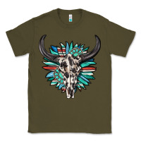 Army Green western bull skull with sunflower and gemstone Classic Tee - texasbilliewilder