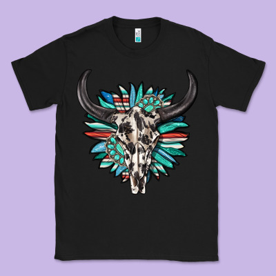 Classic Tee western bull skull with sunflower and gemstone