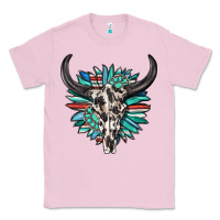 Bubblegum Pink western bull skull with sunflower and gemstone Classic Tee - texasbilliewilder