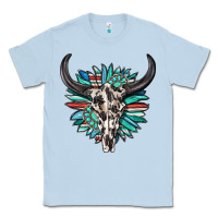 Dusty Blue western bull skull with sunflower and gemstone Classic Tee - texasbilliewilder