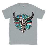 Heather Grey western bull skull with sunflower and gemstone Classic Tee - texasbilliewilder