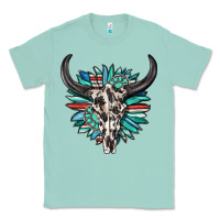Seafoam western bull skull with sunflower and gemstone Classic Tee - texasbilliewilder