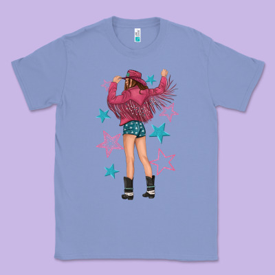 Classic Tee western pink with stars and cowgirl
