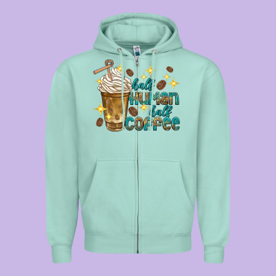 Half Human Half Coffee Zipper Hoodie Designed By Texasbilliewilder