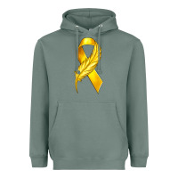 Sage Childhood Cancer Ribbon with Feather Heavyweight Hoodie - texasbilliewilder