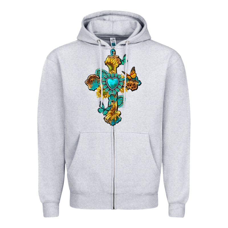 Western Cross With Gemstone And Sunflowers Zipper Hoodie by texasbilliewilder | Teevron