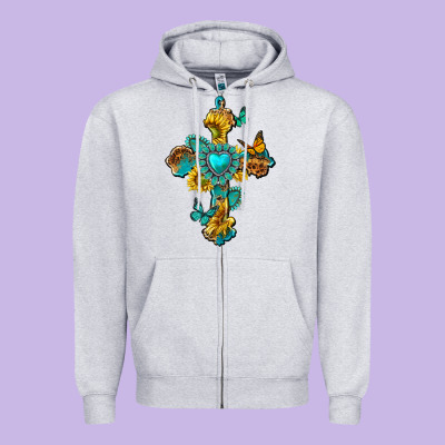 Western Cross With Gemstone And Sunflowers Zipper Hoodie Designed By Texasbilliewilder
