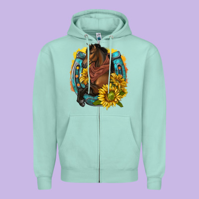 Western Horse With Horseshoe Zipper Hoodie Designed By Texasbilliewilder